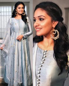 Keerthy looking great for TSK promotions. Styled by @indpat #keerthysuresh #kollywood #tollywood Indian Kurti Designs, Style Marocain, Salwar Dress, Dress Neck Designs