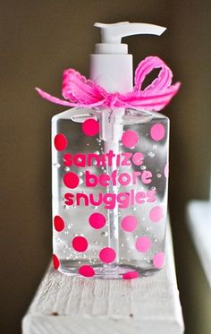 the bottle has pink polka dots on it