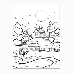 a black and white drawing of a house on a hill with trees in the background