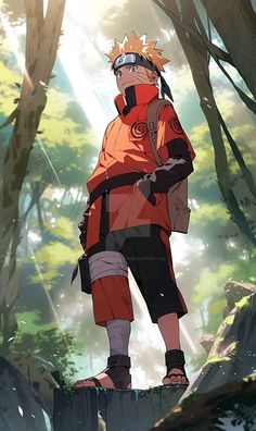 naruto is standing on a rock in the woods