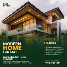 an advertisement for a modern home for sale