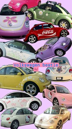 many different colored cars with hello kitty decals on them