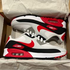 Men’s Nike Air Max 90 G Tb Golf Shoes White University Red Dx5999-162. Multiple Sizes Available. Brand New With Box. Fast Shipping. All Red Nike Shoes, Trending Shoes For Men, Nike Shoes Men, Red Nike Shoes, Minimal Shoes, Tenis Nike, Air Max Shoes, Nike Air Max Tn, Red Nike