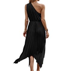 Black One Shoulder Irregular Pleat Casual Dress Pleated Asymmetrical Hem Dress For Night Out, Pleated Dress With Asymmetrical Hem For Night Out, Black Casual Dress With Asymmetrical Neckline, Casual Black Dress With Asymmetrical Neckline, Black Asymmetrical High-low Hem Dress For Party, Black Asymmetrical Party Dress With High-low Hem, Black Pleated Asymmetrical Dress, Asymmetrical Pleated One Shoulder Summer Dress, Black Asymmetrical High-low Party Dress