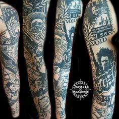 two men with tattoos on their arms and legs, both have different designs in them