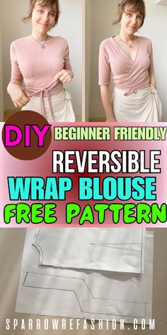 a woman in pink shirt and white skirt with text overlay that reads, beginner friendly reversible wrap house free pattern