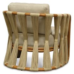 a chair made out of wood and wicker with a cushion on the backrest