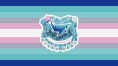 a blue and pink striped background with a shark sticker on it