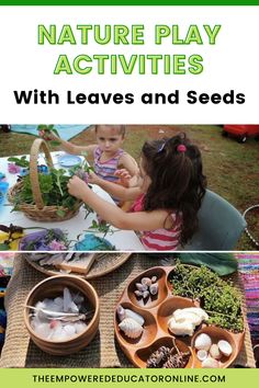 two children playing with leaves and seeds in the garden, while another child looks at them