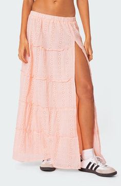 A deep slit adds sass to a sweet skirt cut from delicate cotton eyelet. Elastic waist Side slit Lined 100% cotton Machine wash, dry flat Imported Eyelet Maxi Skirt, Skirt Tiered, Maxi Lace Skirt, Eyelet Fabric, Tiered Maxi Skirt, Womens Maxi Skirts, Swimwear Dress, Cute Crop Tops, Lace Maxi