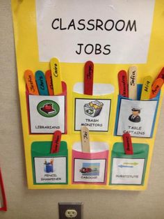 a classroom bulletin board with magnets and writing on it that says, classroom jobs