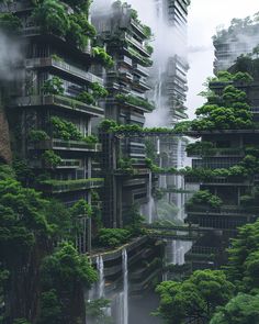 an image of a city with trees growing out of it's buildings and waterfalls