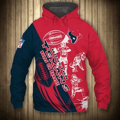 a red and blue hoodie with an image of football players on it