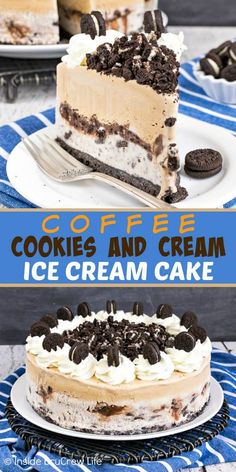 an ice cream cake with oreo cookies and cream frosting is on a plate