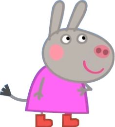 a cartoon pig in a pink dress and red boots