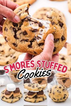 someone is holding up a chocolate chip cookie with marshmallows on it and the title reads, s'mores stuffed cookies