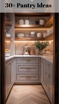 Moody pantry with rich wooden tones and warm lighting, providing a cozy and sophisticated storage solution Perfect Pantry Layout, Butler Pantry Off Kitchen, Kitchen Walkin Pantry Design, High End Pantry, Walk In Pantry Must Haves, Wet Bar Pantry, Walk In Butler Pantry Ideas Layout, Pocket Pantry Door Ideas, 6x10 Pantry