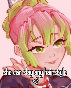 a girl with pink hair and green eyes wearing a tiara, says she can slay any hairstyle