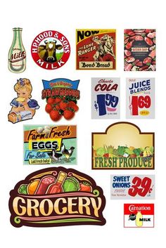 various stickers and decals for grocery stores