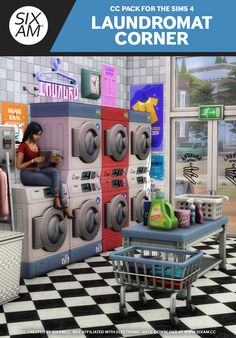 a woman sitting on top of a stack of washers next to a laundry machine