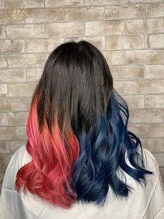 Pink And Blue Ombre Hair, Hot Pink Hair Color, Pink Hair Tips, Affordable Hair Care, Blue Tips Hair, Blue And Red Hair, Red Hair Tips, Hair Color Ombre, Blue And Pink Hair