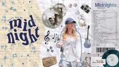 a collage of various items including a woman in white shirt and blue hat, with the words mid night on it