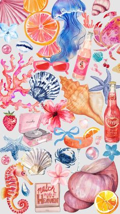 watercolor painting of various items from the ocean