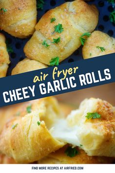 air fryer cheesy garlic rolls with parsley on top and the title above it