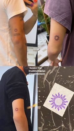 three different pictures of people with tattoos on their arms and shoulder, one has a sun in the middle