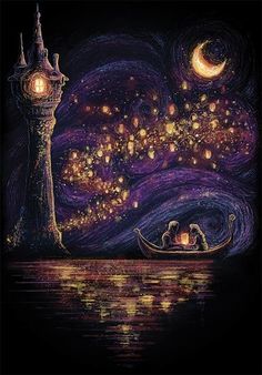 a painting of two people in a boat floating on the water under a night sky