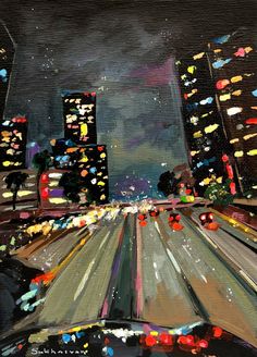 an oil painting of a city street at night