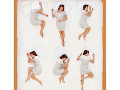 a woman laying on top of a bed with pillows and blankets over her head, in different positions