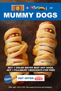 an advertisement for a hot dog restaurant with two dogs wrapped in pretzels and eyes