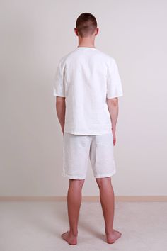 "Linen simple pajama set for men. Top short sleeved, v-neck, straight form. Top center back length - 27.5\" (70 cm). Shorts with elasticated waist and loose style. Shorts inside seam length - 11\" (28 cm). Pajama linen quality - washed and should not shrink any more. On picture S size model wears article in milky white linen size S. Other colors of item please find here: www.etsy.com/listing/538806706/linen-pajama-set-mens-shorts-and-top?ref=shop_home_active_1 www.etsy.com/listing/652170235/line Casual Short Sleepwear For Home, Korta Pajama Mens, White Relaxed Fit Pajama Shorts For Relaxation, Casual Short Sets For Home, Casual Home Sets With Shorts, White Crew Neck Sleep Set, White Relaxed Fit Pajama Shorts, White Linen Pajama Shorts For Beach, White Linen Casual Pajama Shorts