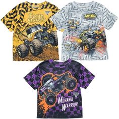 three t - shirts with monster trucks on them, one is purple and the other is yellow