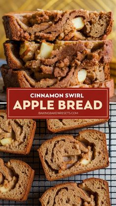 cinnamon swirl apple bread on a cooling rack with apples in the background and text overlay