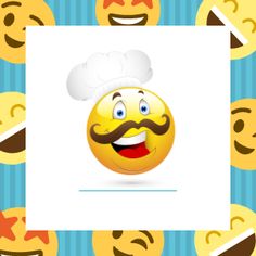 a smiley face with a chef's hat and mustache is surrounded by emoticions