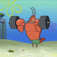 a cartoon character lifting a barbell in the ocean