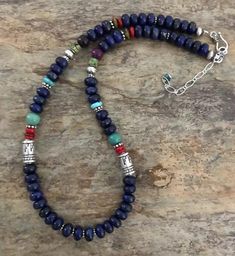 Sterling Silver Lapis Bead Necklace. 17 inch Beading Projects Necklaces, Omatikaya Avatar, Long Beaded Necklaces, Carnival Jewelry, Mens Beaded Necklaces, Beaded Jewelry Necklaces, Lapis Necklace, Coral Bracelet, Basic Jewelry