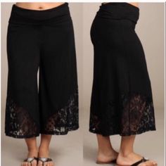 You'll Love Adding These To Your Collection! These Pants Are Everything - Sexy, Cute, Comfortable, Trendy, Dress Up, Dress Down And Did I Mention They Come In Both Regular And Plus Sizes!? High Waisted Style With A Waist Band That Can Be Folded Down. Pretty See Though Lace Inserts On The Bottom Of Each Pant Leg. Wide Flowly Gaucho Style. Made Of: 95% Rayon & 5% Spandex Wide Cropped Pants, Tube Top Romper, Flowy Wide Leg Pants, Bohemian Boutique, Khaki Dress Pants, Black Capri Pants, Cropped Linen Pants, Cropped Wide Leg Pants, Bohemian Colors