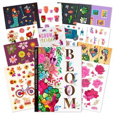 many different types of flowers and stickers on a white background with the words bloom written in large letters