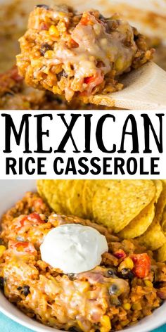 mexican rice casserole in a white bowl with tortilla chips and sour cream