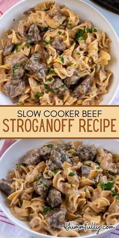 two bowls filled with beef stroganoni and noodles on top of a table