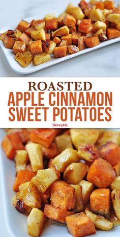 roasted apple cinnamon sweet potatoes on a white plate with text overlay that reads roasted apple cinnamon sweet potatoes