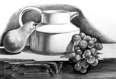 a drawing of a pitcher and grapes on a table