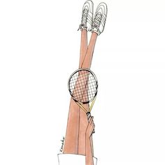 a drawing of a person holding a tennis racket in the air with both hands