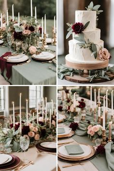 the wedding cake is surrounded by candles and greenery on the table, along with other decorations