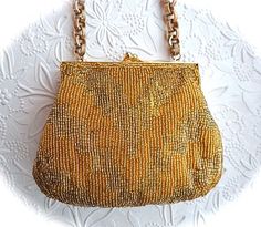 Gold Andre Cellini Purse Beaded Evening Bag Vintage Handbag VH-113 Handmade Gold Shoulder Bag For Evening, Gold Beaded Evening Bag For Formal Occasions, Vintage Gold Shoulder Bag As Gift, Vintage Gold Shoulder Bag For Formal Occasions, Gold Beaded Clutch For Everyday Use, Vintage Gold Shoulder Bag For Gift, Gold Rectangular Evening Bag With Beads, Formal Gold Bag With Gold Beads, Gold Vintage Bag For Events