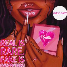 a woman holding a pink heart shaped object in her hand with the caption real is rare fake is everywhere