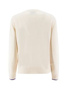 Crew neck pullover made of a cashmere blend wool, characterised by embroidery on the front, logo on the sleeve, ribbed edges, regular fit. Composition: 20% WS, 35% WO, 30% VI, 15% PA Cream Cashmere V-neck Sweater For Winter, Classic White Cashmere V-neck Sweater, Cream Crew Neck Cashmere Top, Cream Cashmere Crew Neck Top, Crew Neck Cashmere Cardigan With Ribbed Cuffs, Cashmere Crew Neck Cardigan With Fine Knit, Cashmere Crew Neck Fine Knit Cardigan, Cashmere Fine Knit Crew Neck Cardigan, Fine Knit Cashmere Cardigan With Crew Neck